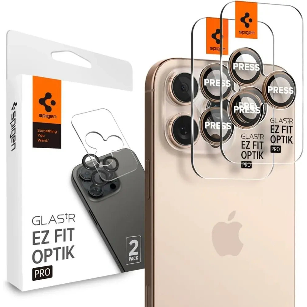 Szkło hartowane na aparat Spigen GLAS.tR Ez Fit Optik Pro Camera Protector Apple iPhone 16 Pro / Pro Max Desert Titanium [2 PACK]