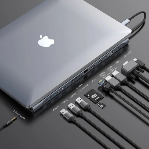 Kup Adaptér 11w1 Baseus Enjoyment, HUB USB-C do 2x HDMI, 3x USB 3.0, VGA, RJ45, USB-C PD, SD/microSD, jack 3,5mm - BSU1208 - {ean13} - Sklep Home Screen