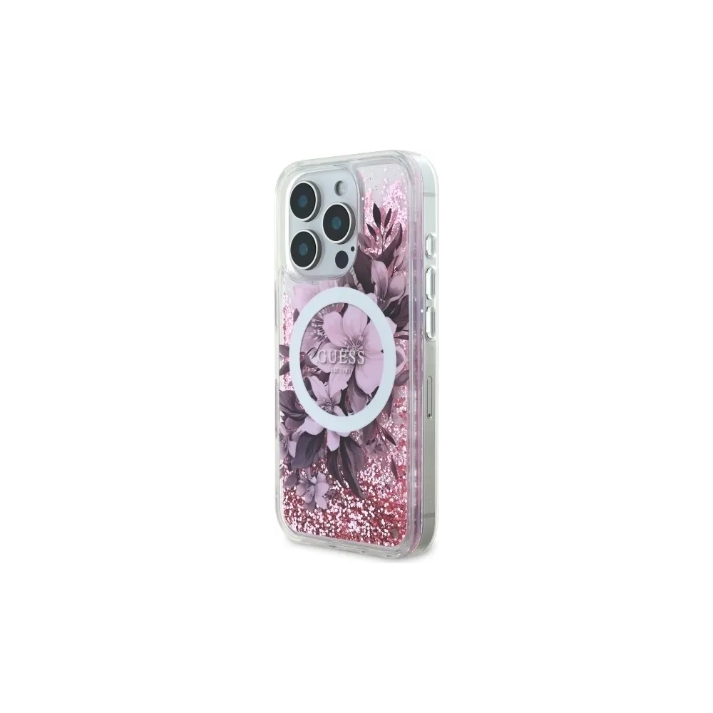 Etui Guess GUHMP16LLFMWTP AppleiPhone 16 Pro hardcase Liquid Glitter Flower MagSafe różowy/pink
