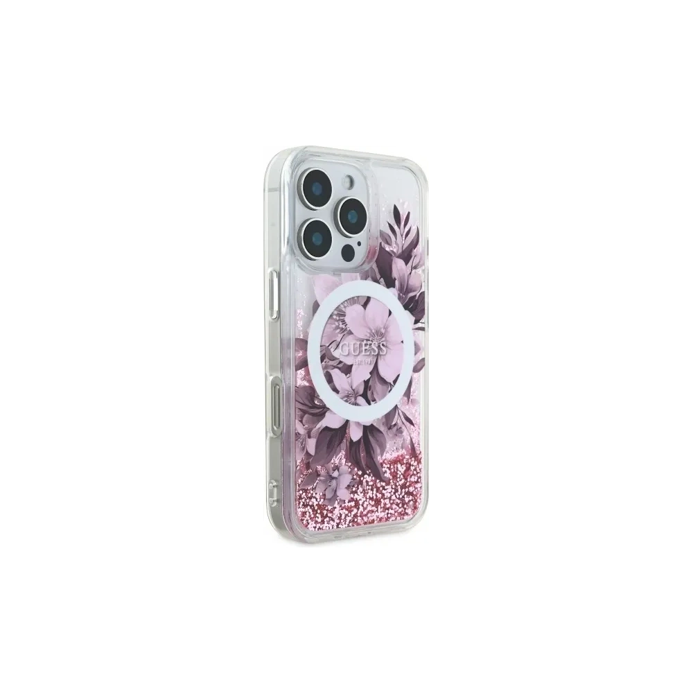 Etui Guess GUHMP16LLFMWTP AppleiPhone 16 Pro hardcase Liquid Glitter Flower MagSafe różowy/pink