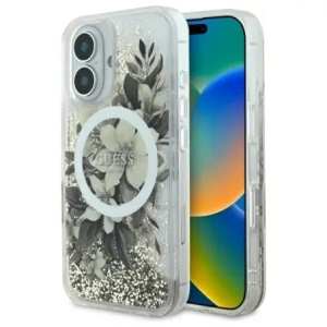 Guess GUHMP16SLFMWTE Apple iPhone 16 hardcase Liquid Glitter Flower MagSafe beige