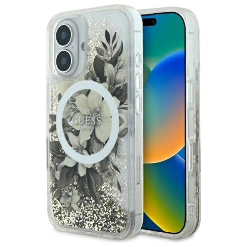 Buy Guess GUHMP16SLFMWTE Apple iPhone 16 hardcase Liquid Glitter Flower MagSafe beige - GUE3657 - {ean13} - Home Screen Store Europe