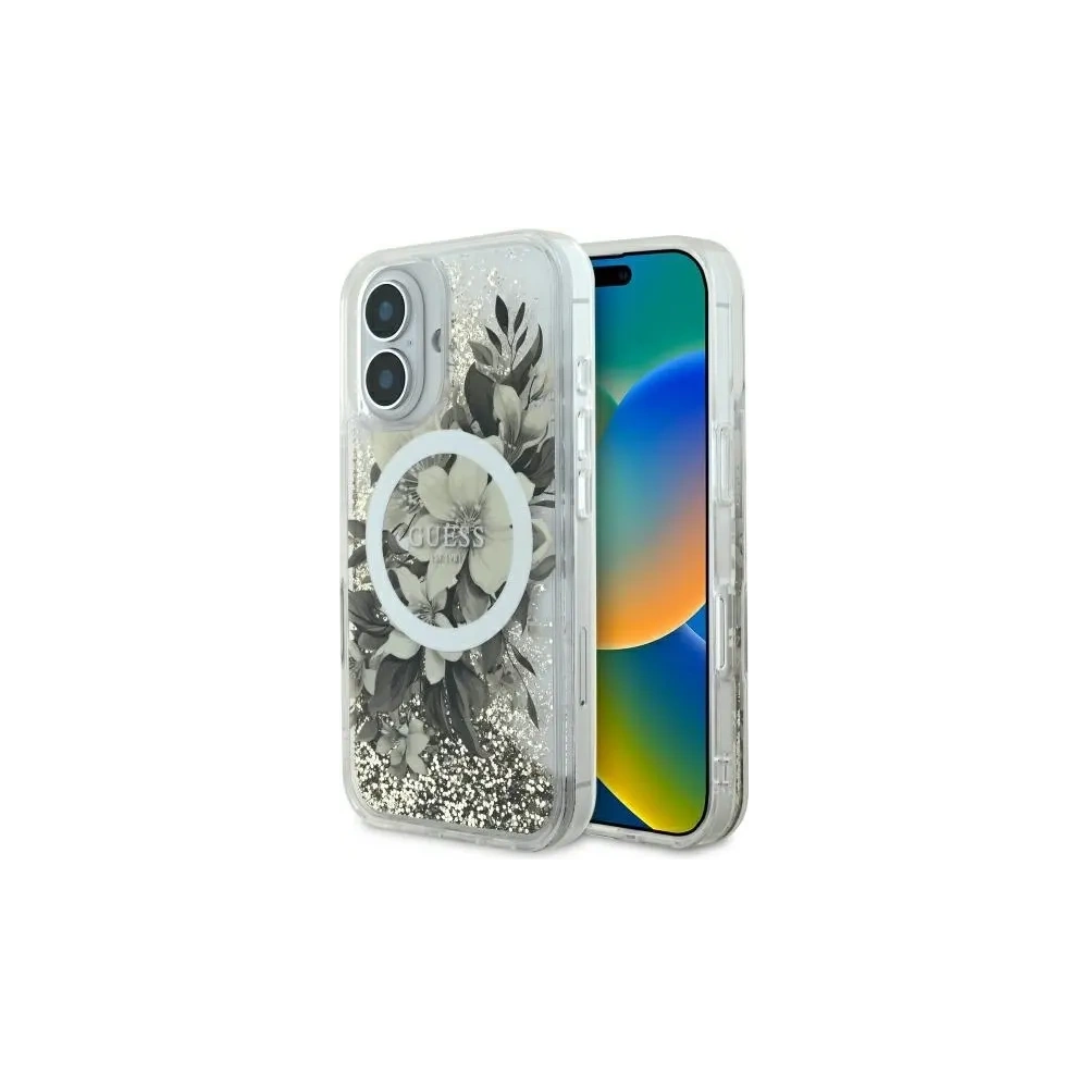 Etui Guess GUHMP16SLFMWTE Apple iPhone 16 hardcase Liquid Glitter Flower MagSafe beżowy/beige
