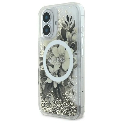 Kup Guess GUHMP16SLFMWTE Apple iPhone 16 carcasă dură Liquid Glitter Flower MagSafe bej - GUE3657 - {ean13} - Sklep Home Screen