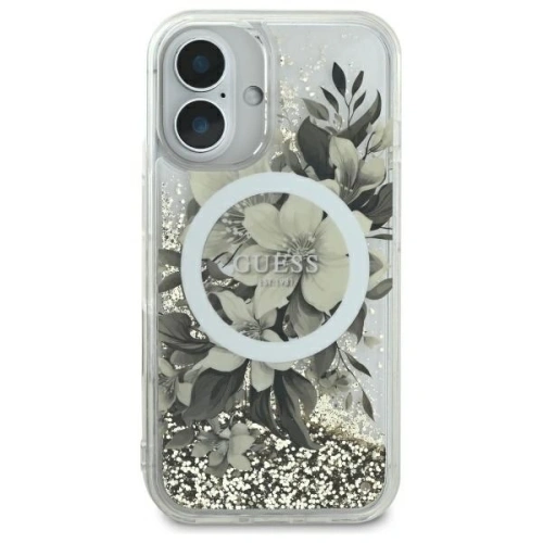 Buy Guess GUHMP16SLFMWTE Apple iPhone 16 hardcase Liquid Glitter Flower MagSafe beige - GUE3657 - {ean13} - Home Screen Store Europe