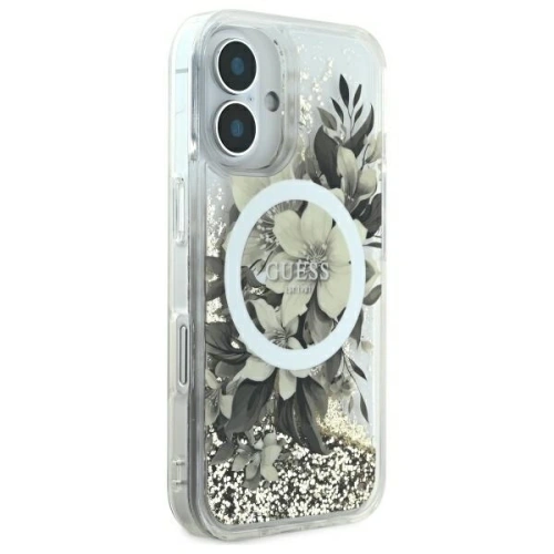 Buy Guess GUHMP16SLFMWTE Apple iPhone 16 hardcase Liquid Glitter Flower MagSafe beige - GUE3657 - {ean13} - Home Screen Store Europe