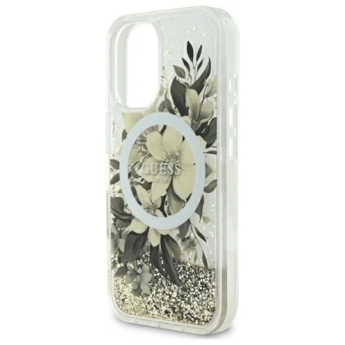 Buy Guess GUHMP16SLFMWTE Apple iPhone 16 hardcase Liquid Glitter Flower MagSafe beige - GUE3657 - {ean13} - Home Screen Store Europe