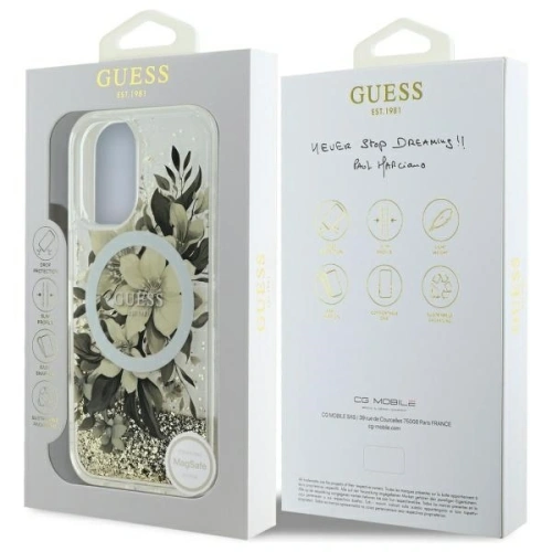 Buy Guess GUHMP16SLFMWTE Apple iPhone 16 hardcase Liquid Glitter Flower MagSafe beige - GUE3657 - {ean13} - Home Screen Store Europe