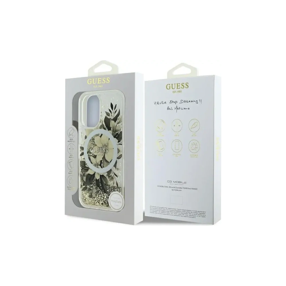 Etui Guess GUHMP16SLFMWTE Apple iPhone 16 hardcase Liquid Glitter Flower MagSafe beżowy/beige