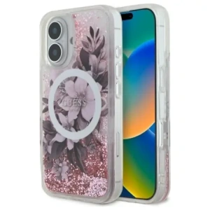 Guess GUHMP16SLFMWTP Apple iPhone 16 hardcase Liquid Glitter Flower MagSafe pink