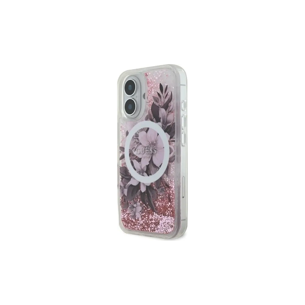 Etui Guess GUHMP16SLFMWTP Apple iPhone 16 hardcase Liquid Glitter Flower MagSafe różowy/pink