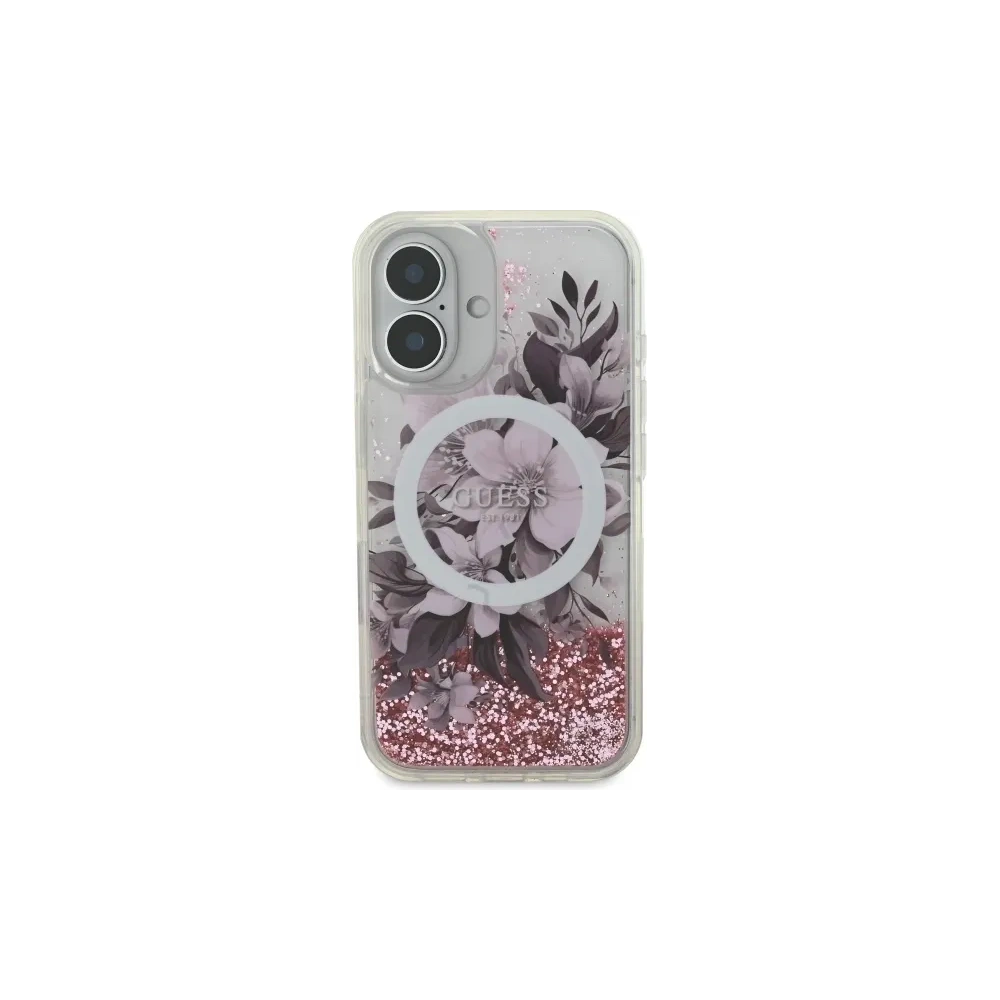 Etui Guess GUHMP16SLFMWTP Apple iPhone 16 hardcase Liquid Glitter Flower MagSafe różowy/pink