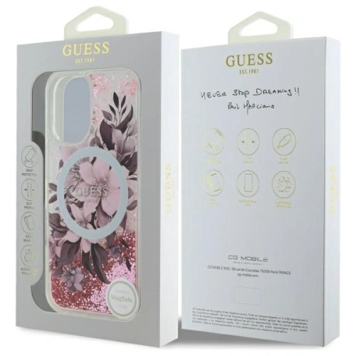 Buy Guess GUHMP16SLFMWTP Apple iPhone 16 hardcase Liquid Glitter Flower MagSafe pink - GUE3658 - {ean13} - Home Screen Store Europe
