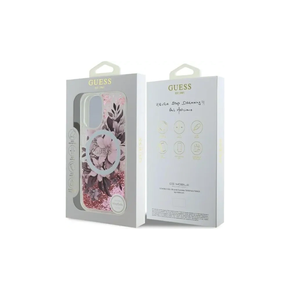 Etui Guess GUHMP16SLFMWTP Apple iPhone 16 hardcase Liquid Glitter Flower MagSafe różowy/pink