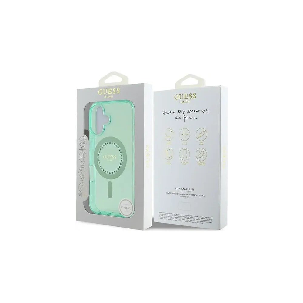 Etui Guess GUHMP16SPFTDTEN Apple iPhone 16 hardcase IML Rhinestones MagSafe zielony/green