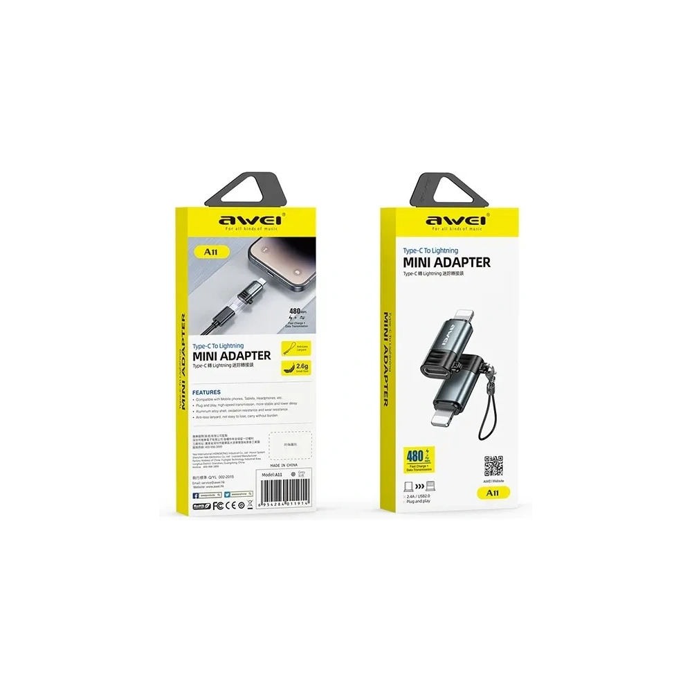 Adapter AWEI A11 USB-C / Lightning szary/grey