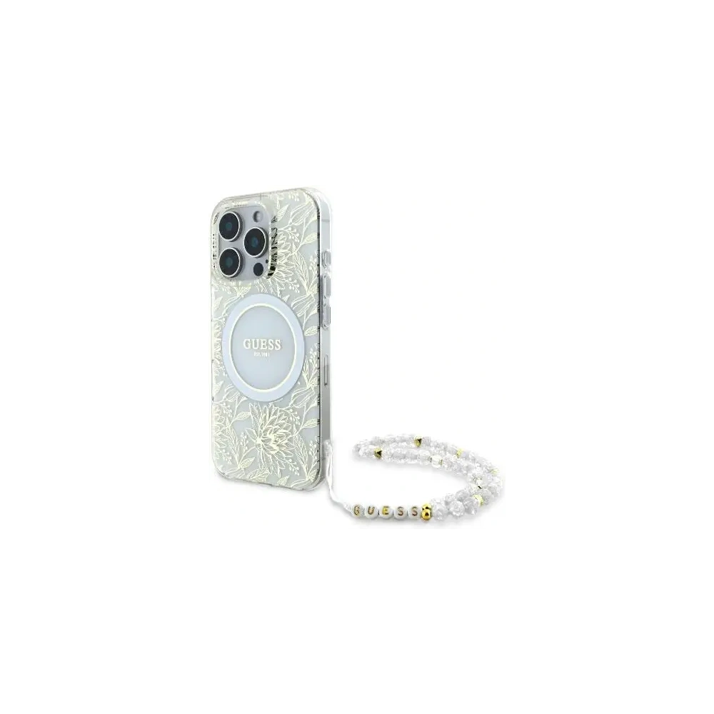 Etui Guess GUHMP16XHCPOFPH Apple iPhone 16 Pro Max hardcase IML Flowers Allover Electro With Pearl Strap MagSafe biały/white