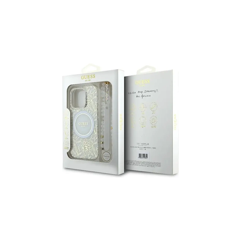 Etui Guess GUHMP16XHCPOFPH Apple iPhone 16 Pro Max hardcase IML Flowers Allover Electro With Pearl Strap MagSafe biały/white