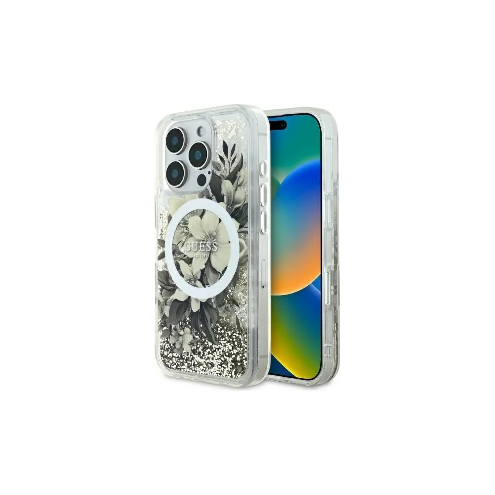 Etui Guess GUHMP16XLFMWTE Apple iPhone 16 Pro Max hardcase Liquid Glitter Flower MagSafe beżowy/beige