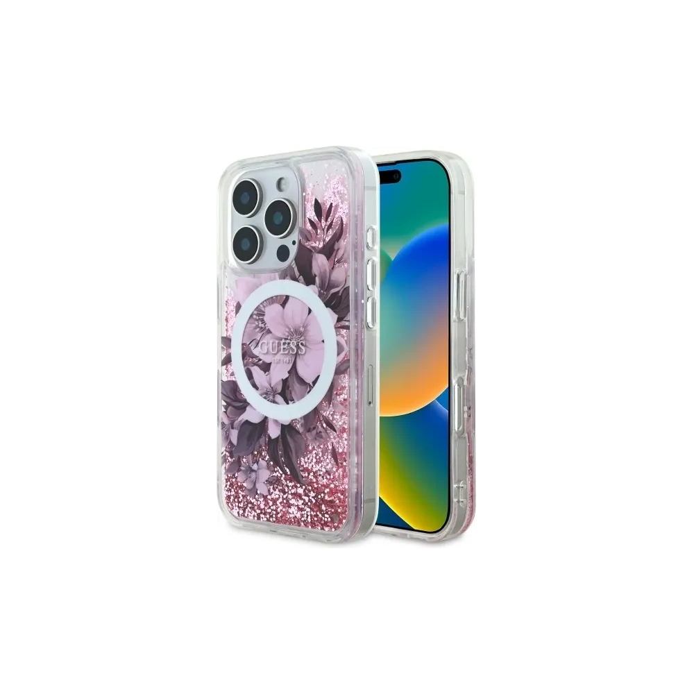 Etui Guess GUHMP16XLFMWTP Apple iPhone 16 Pro Max hardcase Liquid Glitter Flower MagSafe różowy/pink