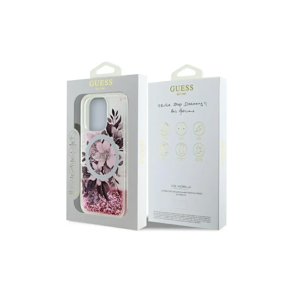 Etui Guess GUHMP16XLFMWTP Apple iPhone 16 Pro Max hardcase Liquid Glitter Flower MagSafe różowy/pink