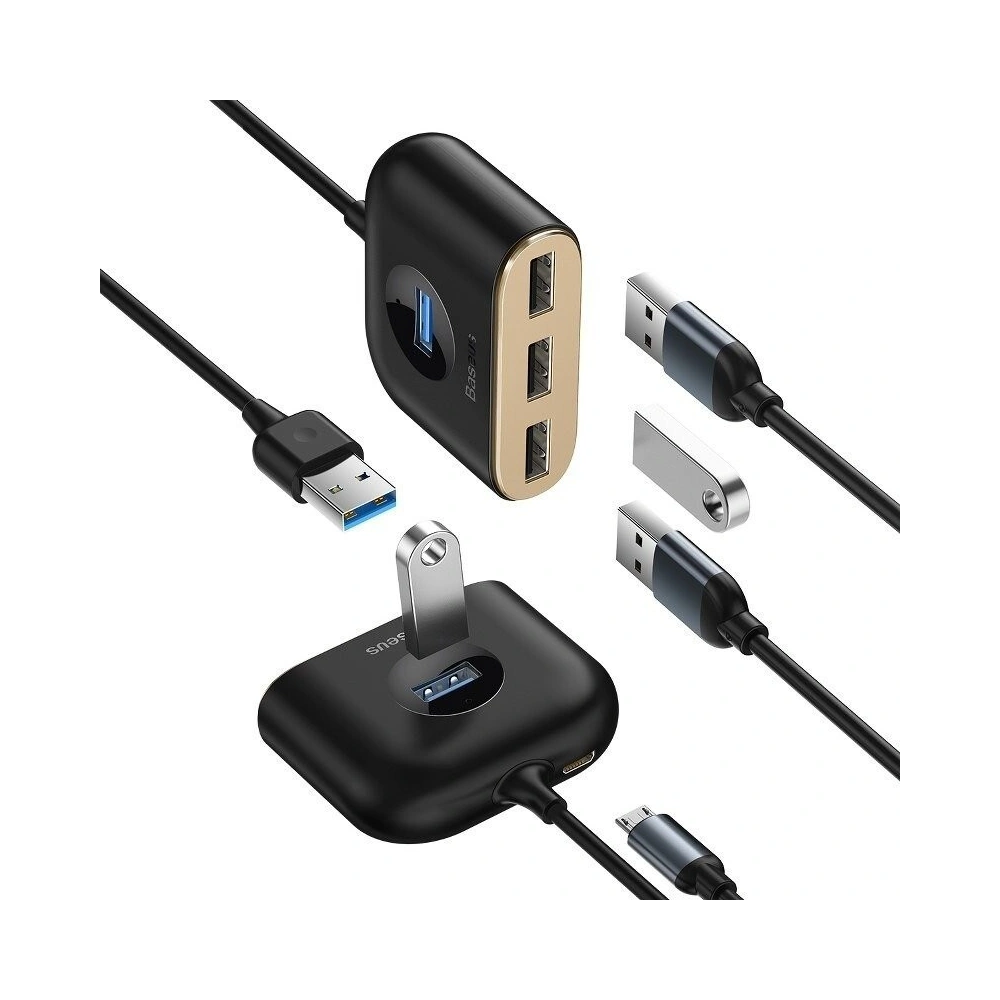 Adapter USB 4w1 Baseus Square Round, HUB USB 3.0 do 1x USB 3.0 + 3x USB 2.0, 1m (czarny)