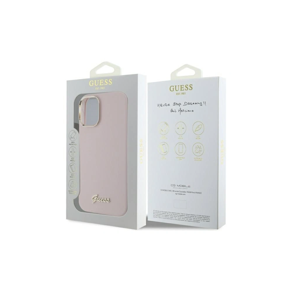 Etui Guess GUHCP16SSMBSLP Apple iPhone 16 hardcase Silicone Script Metal Logo & Frame różowy/pink