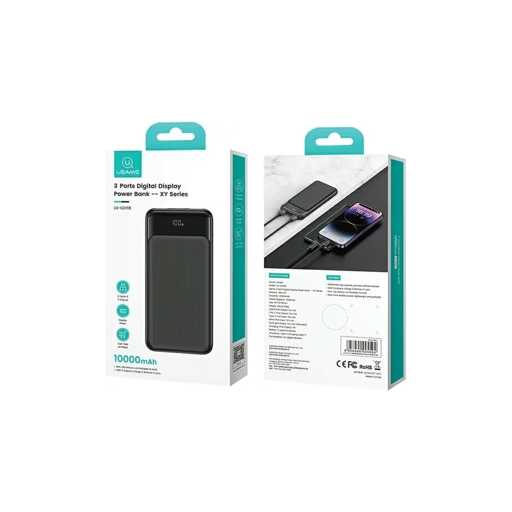 Powerbank USAMS XY Series 10000mAh 10W MicroUSB, 2xUSB-A, USB-C czarny/black