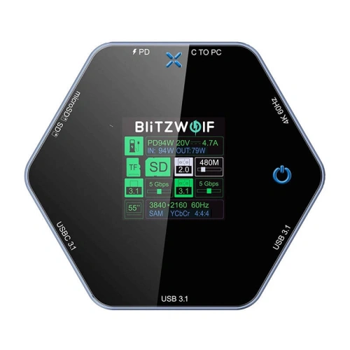 Kup Stacja dokująca 8w1 Blitzwolf BW-TH16 USB 100W LCD Smart Display USB-C 3.1, 2xUSB-A 3.1, USB-C PD 100W, HDMI 4K60hz, TF/SD 3.0, HD 4K@60hz - BLZ628 - {ean13} - Sklep Home Screen