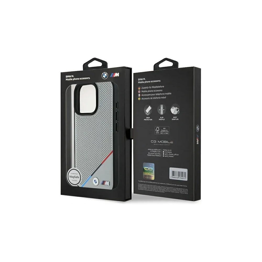 Etui BMW BMHMP16L23PUPDG Apple iPhone 16 Pro hardcase M Perforated Tricolor Line MagSafe szary/grey