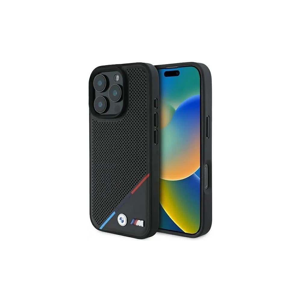 Etui BMW BMHMP16L23PUPDK Apple iPhone 16 Pro hardcase M Perforated Tricolor Line MagSafe czarny/black
