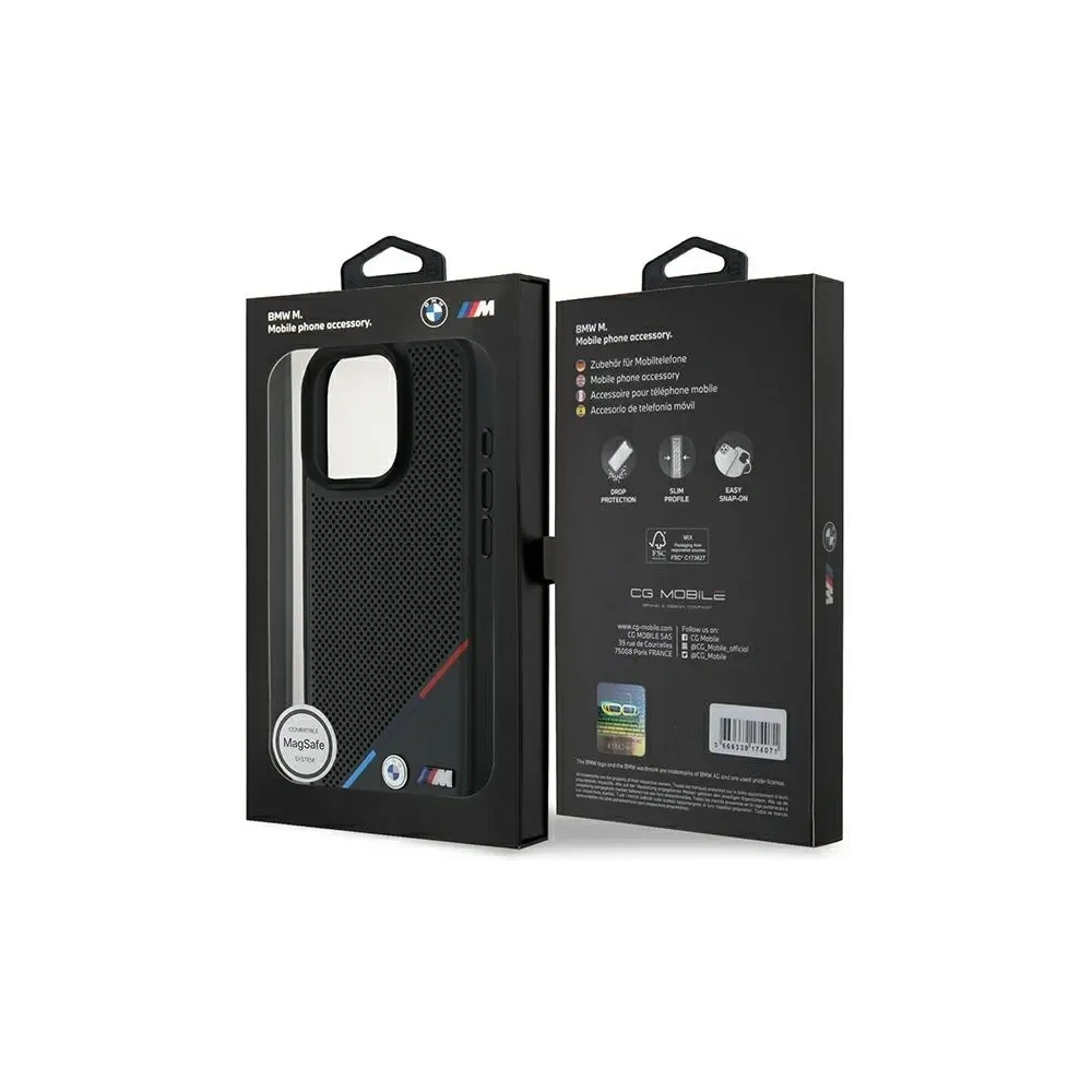 Etui BMW BMHMP16L23PUPDK Apple iPhone 16 Pro hardcase M Perforated Tricolor Line MagSafe czarny/black