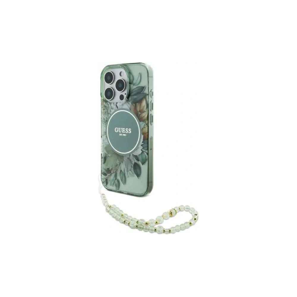 Etui Guess GUHMP16LHFWBRCESN Apple iPhone 16 Pro hardcase IML Flowers With Pearl Strap MagSafe zielony/green