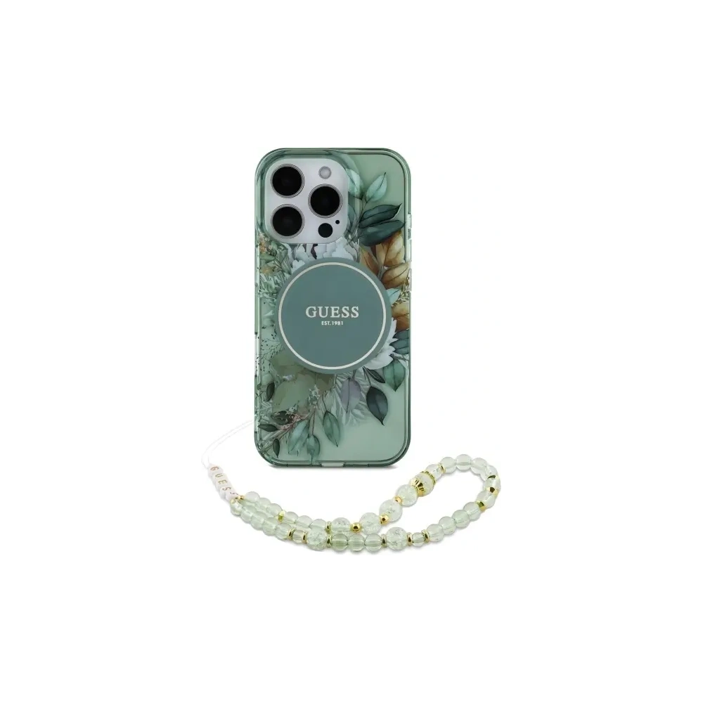 Etui Guess GUHMP16LHFWBRCESN Apple iPhone 16 Pro hardcase IML Flowers With Pearl Strap MagSafe zielony/green