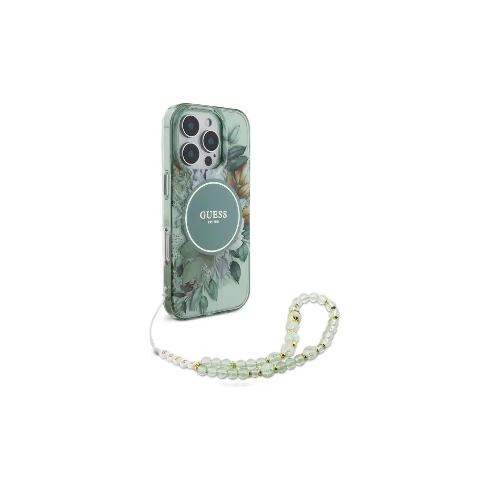 Etui Guess GUHMP16LHFWBRCESN Apple iPhone 16 Pro hardcase IML Flowers With Pearl Strap MagSafe zielony/green