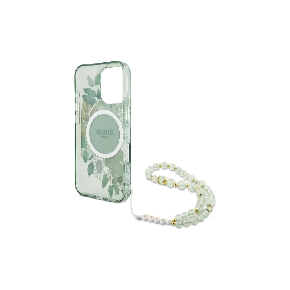 Etui Guess GUHMP16LHFWBRCESN Apple iPhone 16 Pro hardcase IML Flowers With Pearl Strap MagSafe zielony/green