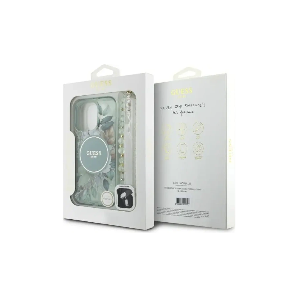 Etui Guess GUHMP16LHFWBRCESN Apple iPhone 16 Pro hardcase IML Flowers With Pearl Strap MagSafe zielony/green