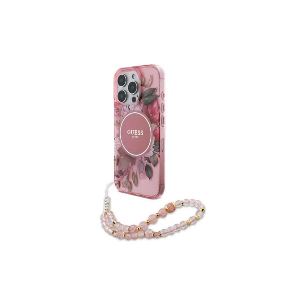 Etui Guess GUHMP16LHFWBRCESP Apple iPhone 16 Pro hardcase IML Flowers With Pearl Strap MagSafe różowy/pink
