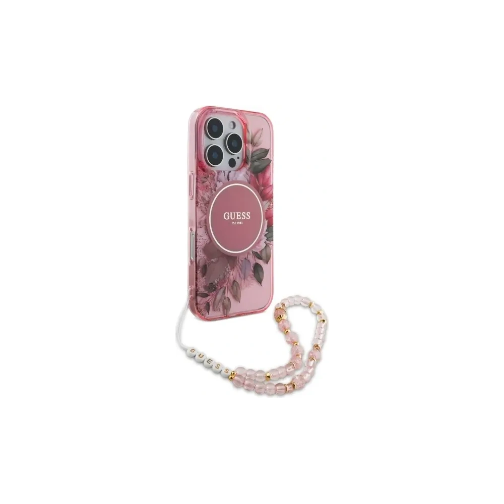 Etui Guess GUHMP16LHFWBRCESP Apple iPhone 16 Pro hardcase IML Flowers With Pearl Strap MagSafe różowy/pink