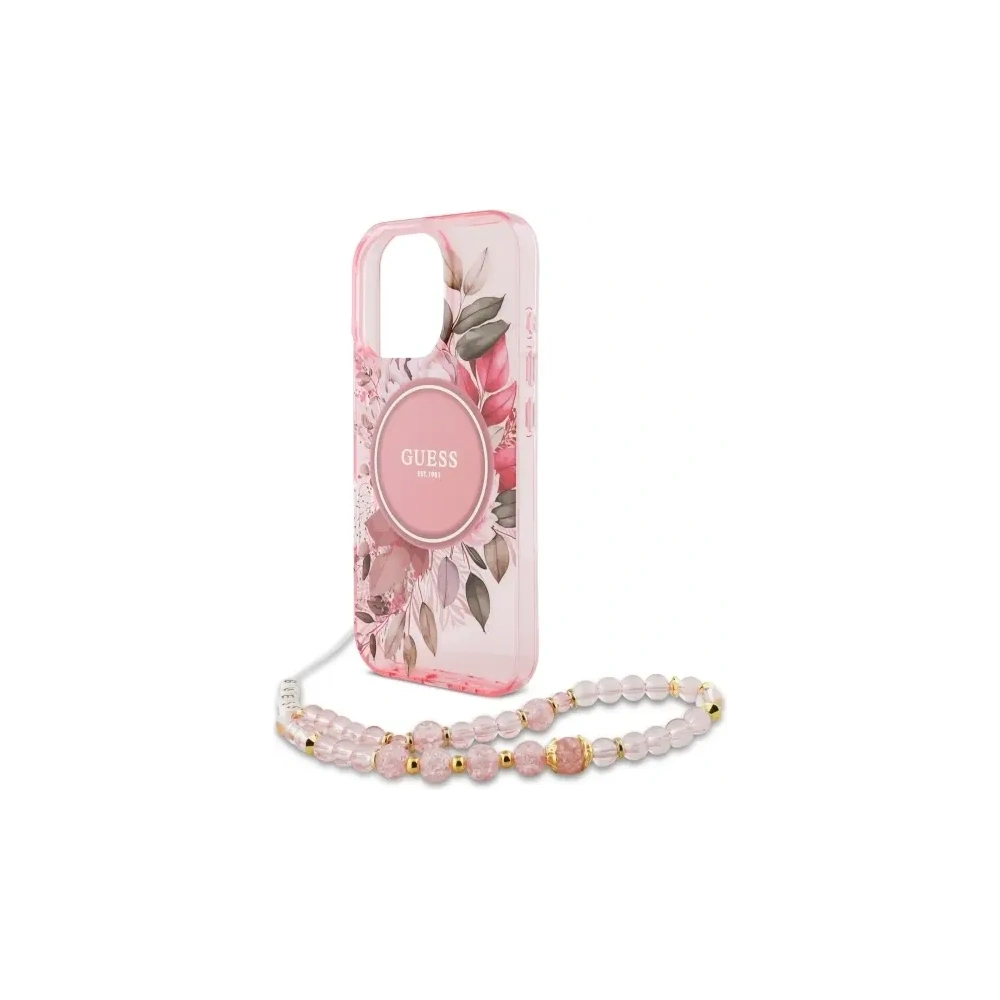 Etui Guess GUHMP16LHFWBRCESP Apple iPhone 16 Pro hardcase IML Flowers With Pearl Strap MagSafe różowy/pink
