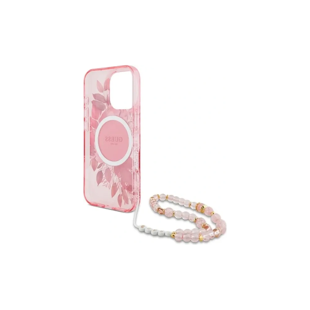 Etui Guess GUHMP16LHFWBRCESP Apple iPhone 16 Pro hardcase IML Flowers With Pearl Strap MagSafe różowy/pink