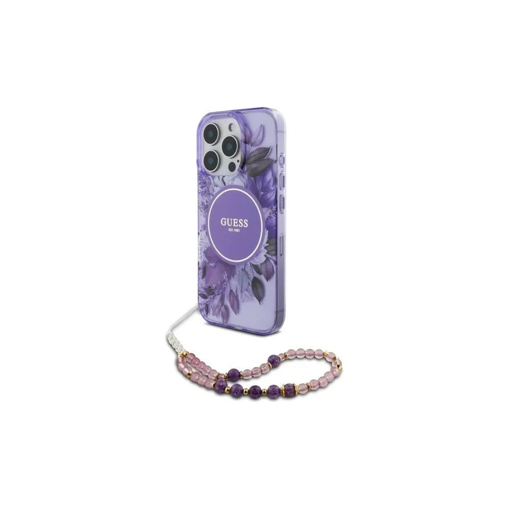 Etui Guess GUHMP16LHFWBRCESU Apple iPhone 16 Pro hardcase IML Flowers With Pearl Strap MagSafe fioletowy/purple