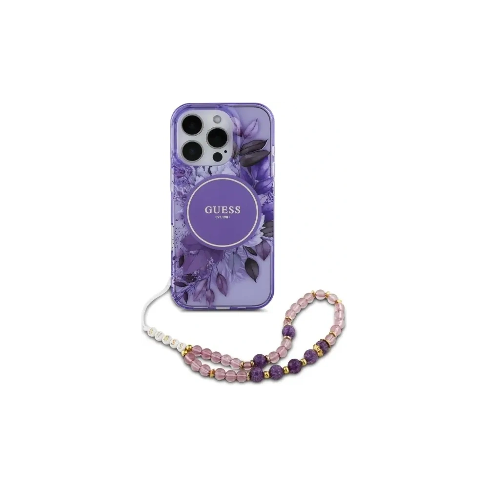 Etui Guess GUHMP16LHFWBRCESU Apple iPhone 16 Pro hardcase IML Flowers With Pearl Strap MagSafe fioletowy/purple