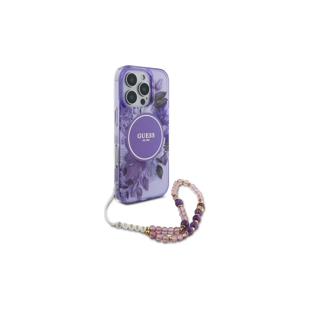 Etui Guess GUHMP16LHFWBRCESU Apple iPhone 16 Pro hardcase IML Flowers With Pearl Strap MagSafe fioletowy/purple