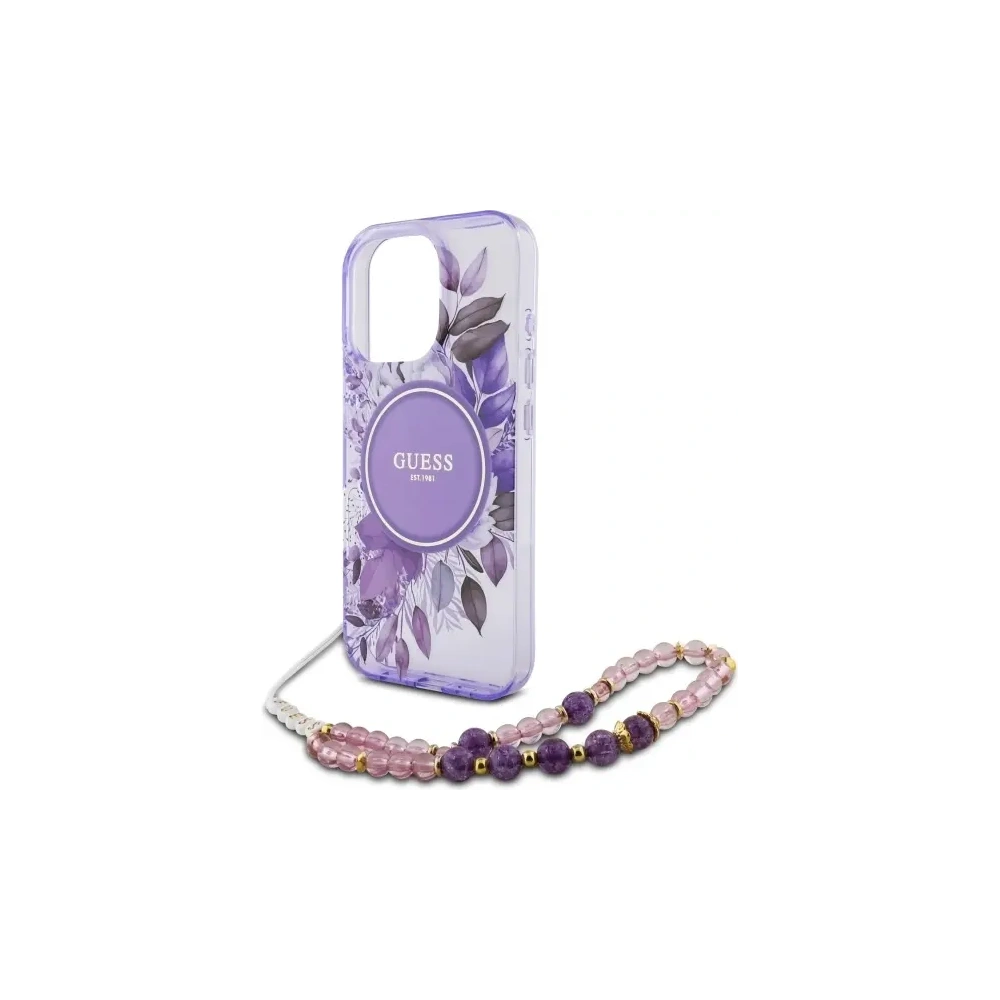 Etui Guess GUHMP16LHFWBRCESU Apple iPhone 16 Pro hardcase IML Flowers With Pearl Strap MagSafe fioletowy/purple