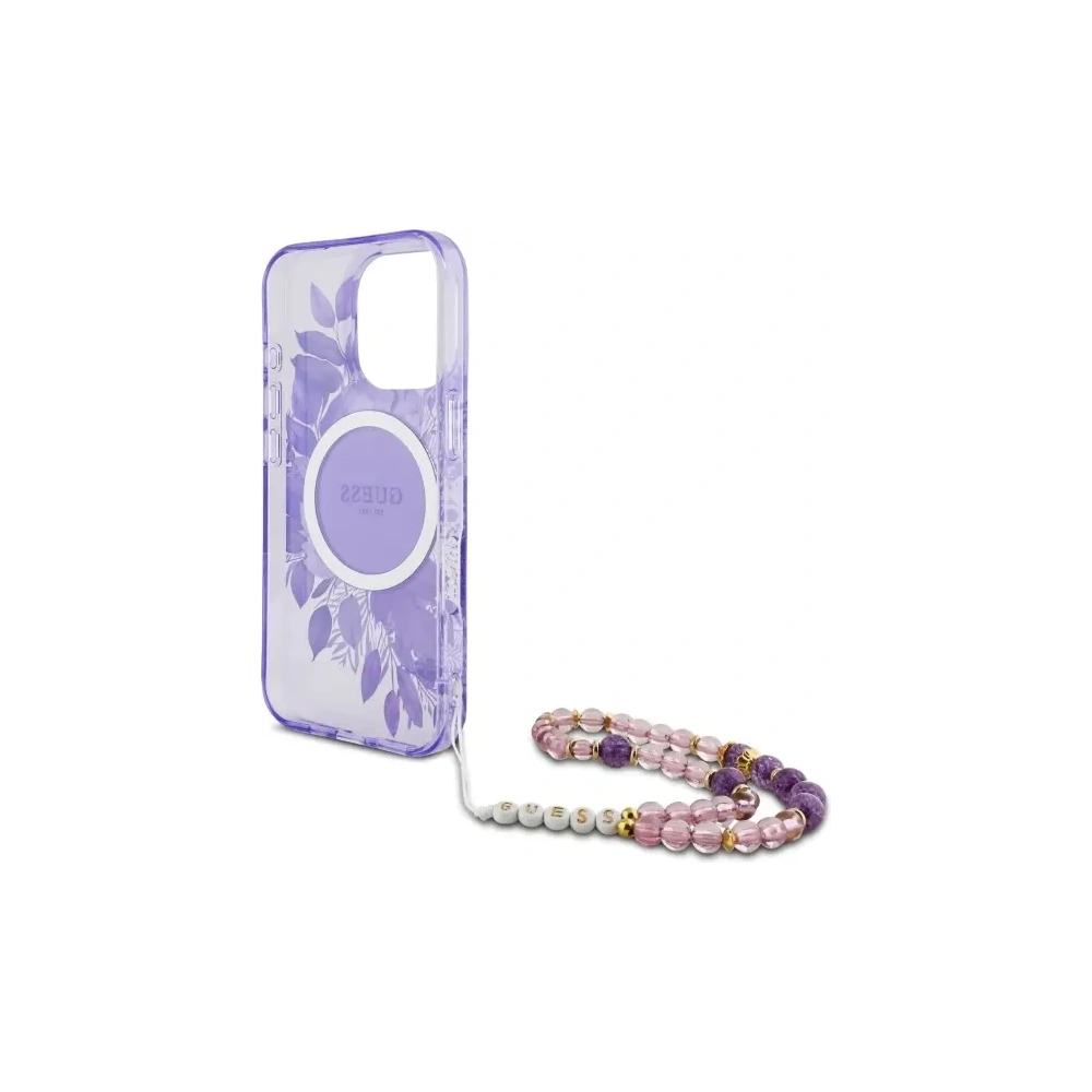 Etui Guess GUHMP16LHFWBRCESU Apple iPhone 16 Pro hardcase IML Flowers With Pearl Strap MagSafe fioletowy/purple