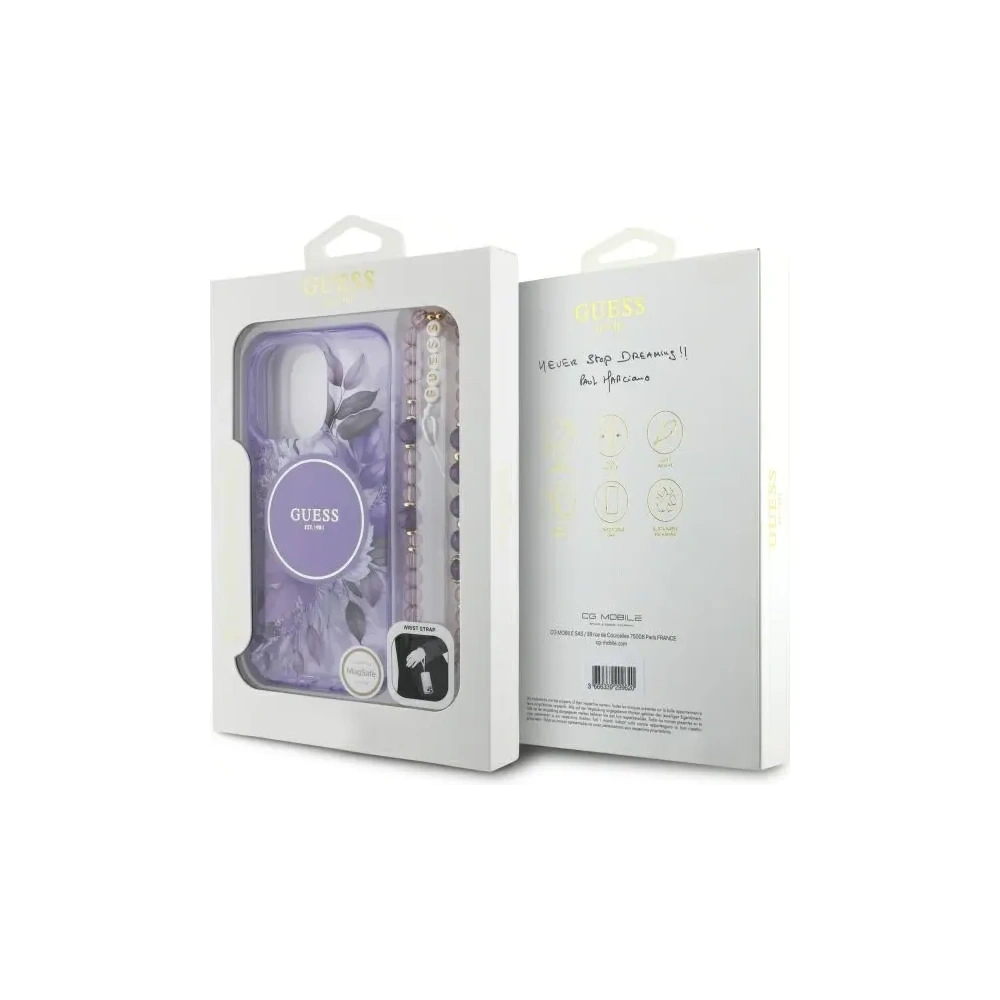 Etui Guess GUHMP16LHFWBRCESU Apple iPhone 16 Pro hardcase IML Flowers With Pearl Strap MagSafe fioletowy/purple