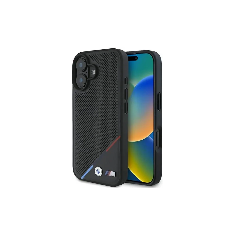 Etui BMW BMHMP16S23PUPDK Apple iPhone 16 hardcase M Perforated Tricolor Line MagSafe czarny/black