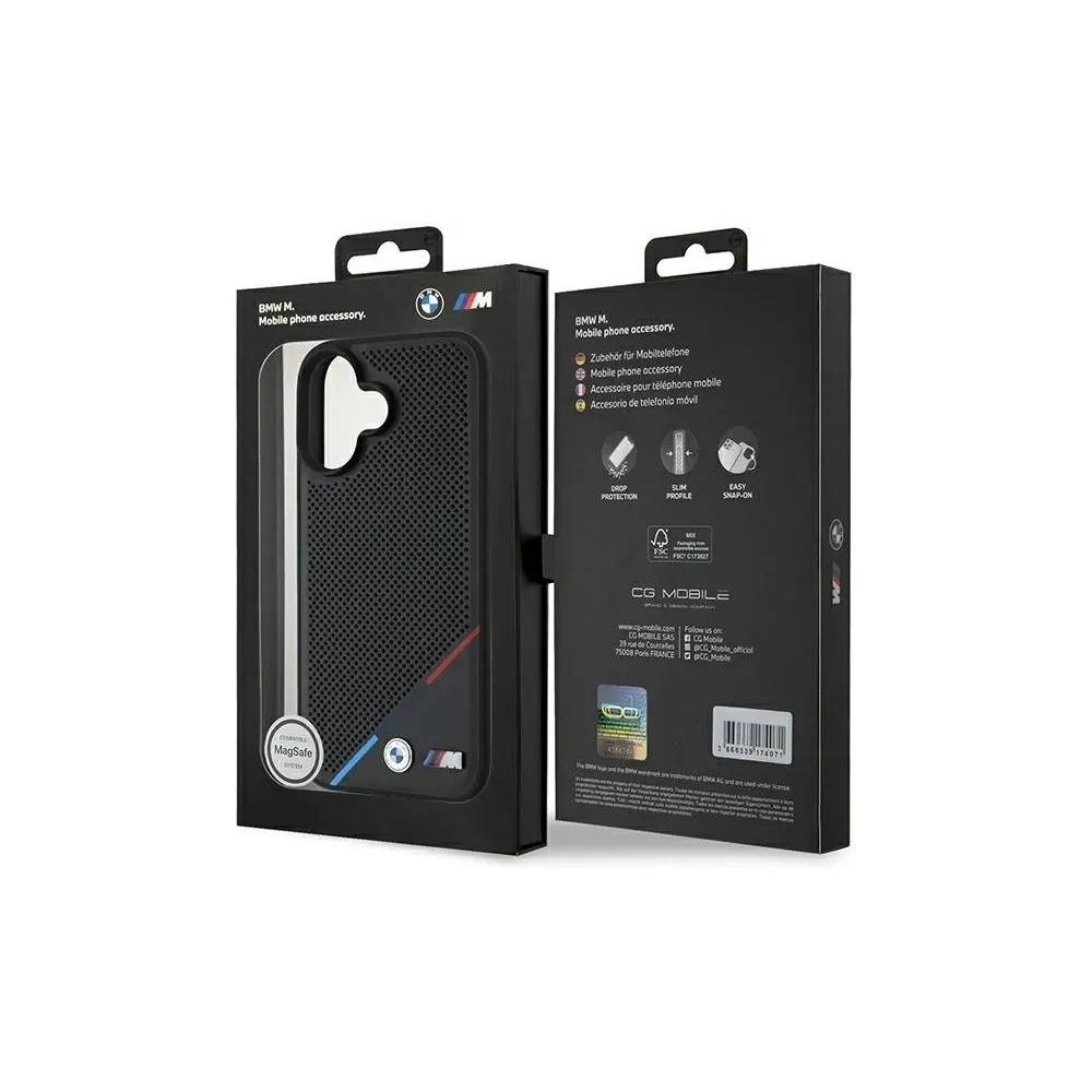 Etui BMW BMHMP16S23PUPDK Apple iPhone 16 hardcase M Perforated Tricolor Line MagSafe czarny/black