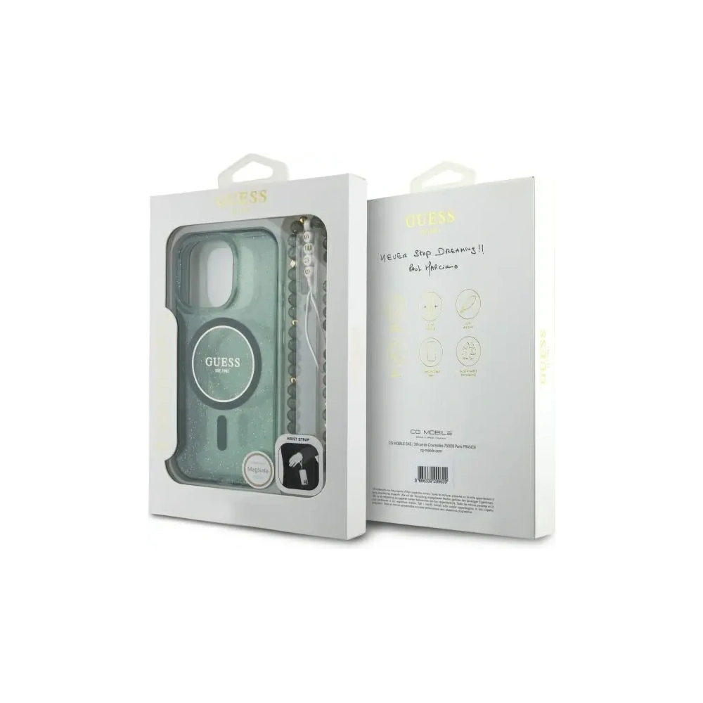Etui Guess GUHMP16LHGCRELSA Apple iPhone 16 Pro hardcase IML Glitter With Pearl Strap MagSafe zielony/green